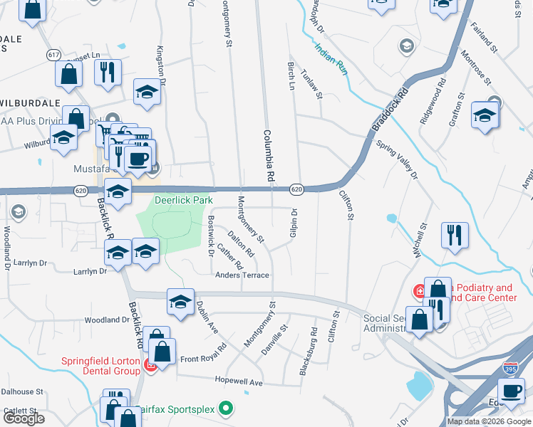 map of restaurants, bars, coffee shops, grocery stores, and more near 5205 Columbia Road in Springfield