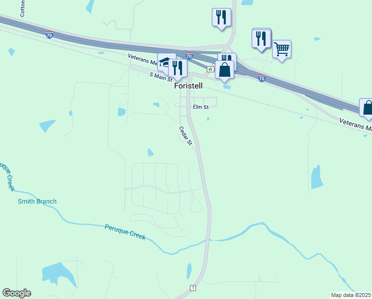 map of restaurants, bars, coffee shops, grocery stores, and more near 133 Cedar Street in Foristell