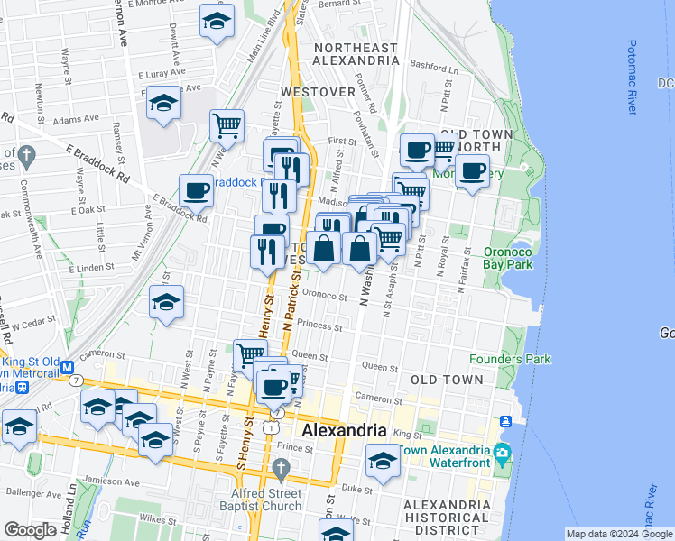 map of restaurants, bars, coffee shops, grocery stores, and more near 534 North Columbus Street in Alexandria