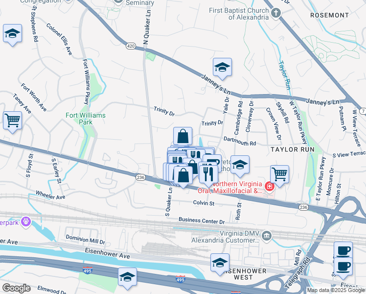 map of restaurants, bars, coffee shops, grocery stores, and more near 1227 Quaker Hill Drive in Alexandria