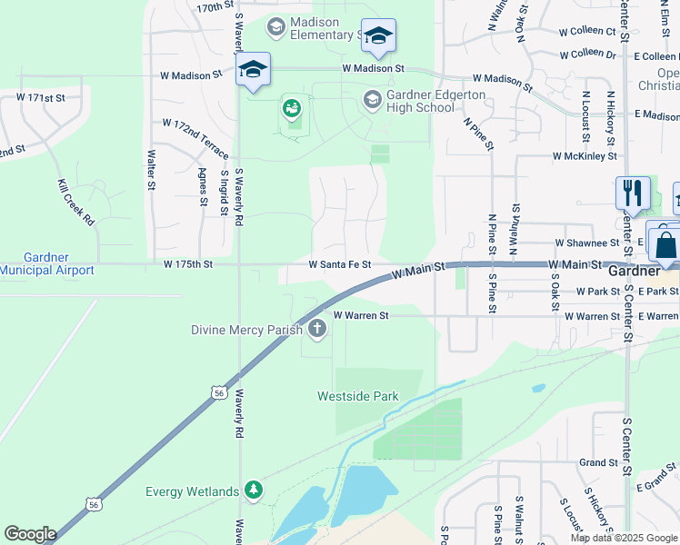 map of restaurants, bars, coffee shops, grocery stores, and more near 535 W Santa Fe St in Gardner