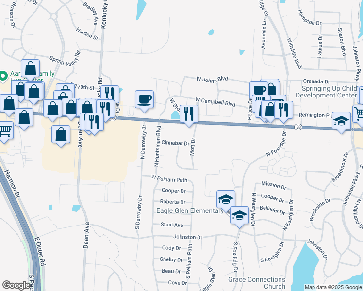 map of restaurants, bars, coffee shops, grocery stores, and more near 1649 Cinnabar Drive in Raymore