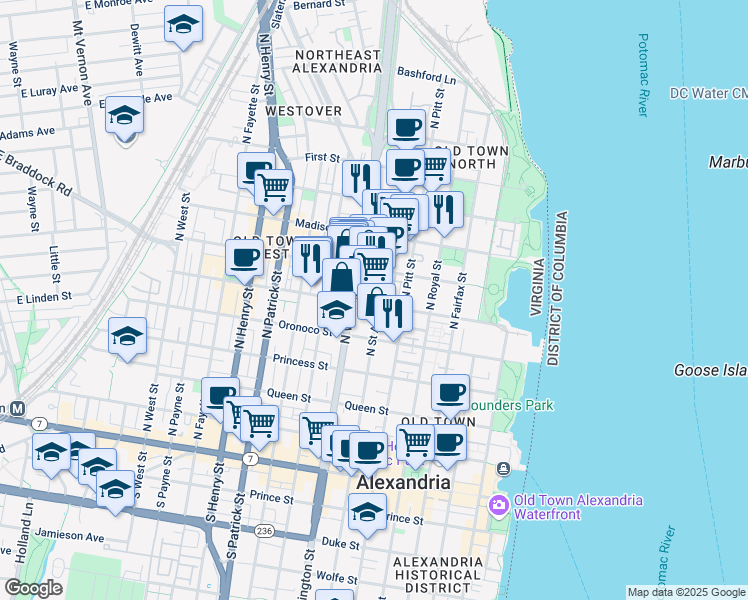 map of restaurants, bars, coffee shops, grocery stores, and more near 612 N St Asaph St in Alexandria