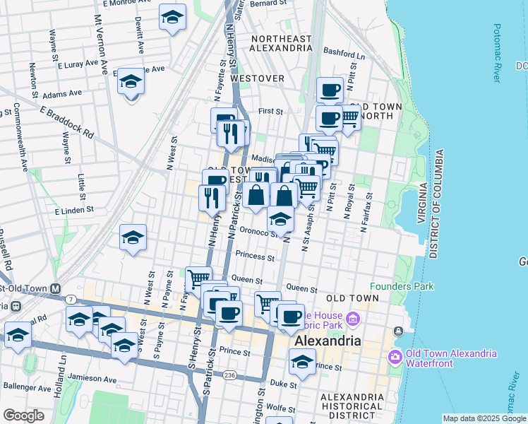 map of restaurants, bars, coffee shops, grocery stores, and more near 804 Pendleton Street in Alexandria