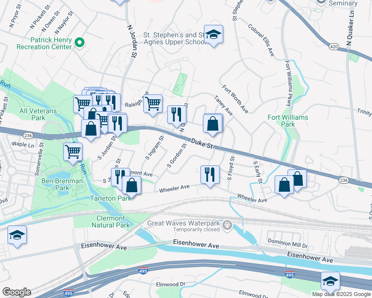 map of restaurants, bars, coffee shops, grocery stores, and more near 18 South Gordon Street in Alexandria