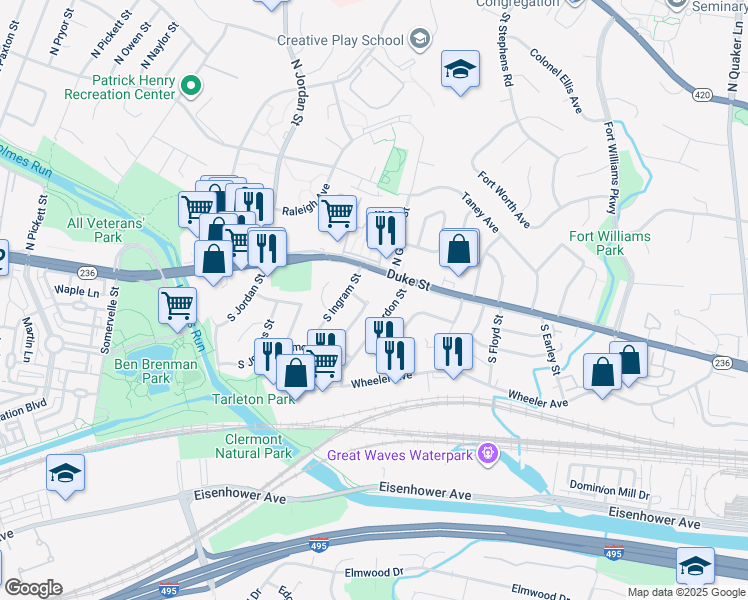 map of restaurants, bars, coffee shops, grocery stores, and more near 4325 Utica Avenue in Alexandria
