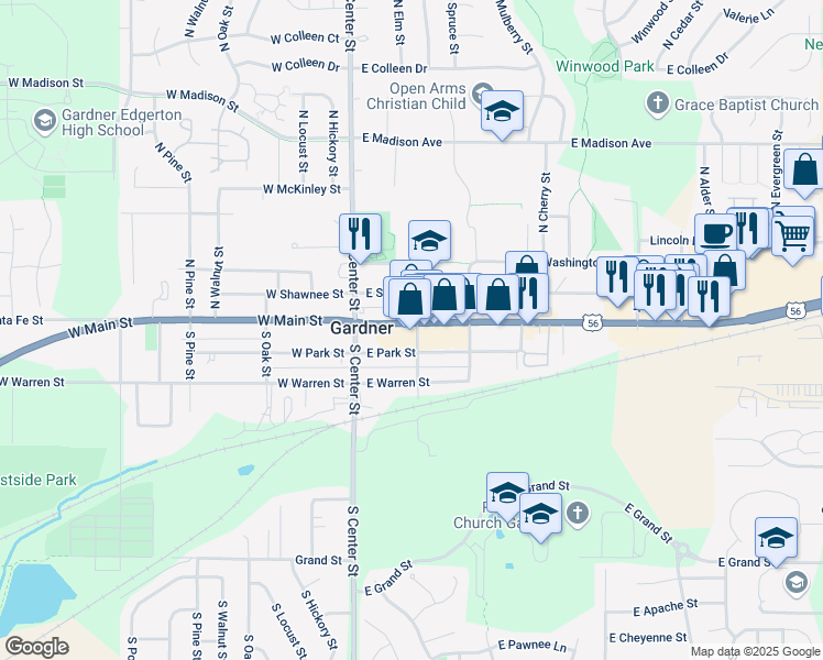 map of restaurants, bars, coffee shops, grocery stores, and more near 131 East Main Street in Gardner