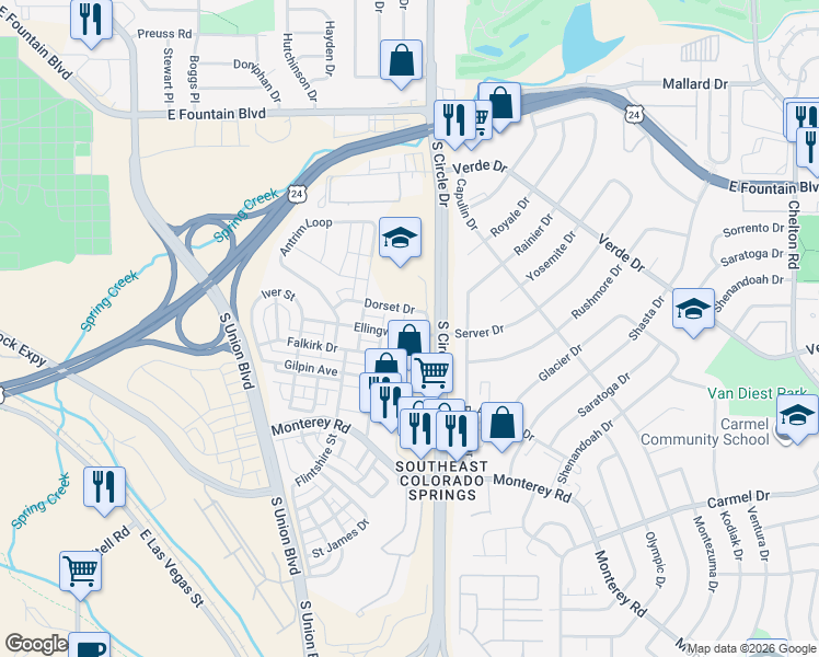 map of restaurants, bars, coffee shops, grocery stores, and more near 2563 Dorset Drive in Colorado Springs