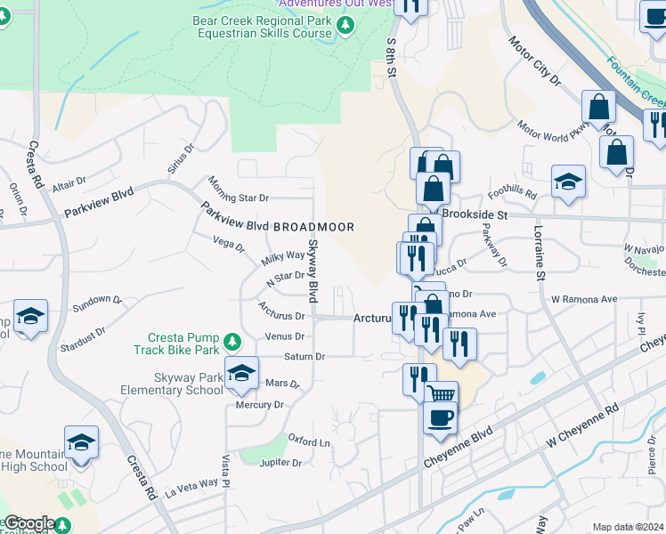 map of restaurants, bars, coffee shops, grocery stores, and more near 831 Skyway Boulevard in Colorado Springs