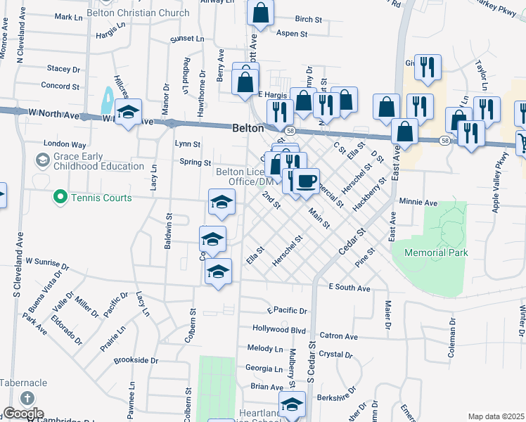 map of restaurants, bars, coffee shops, grocery stores, and more near 309 3rd Street in Belton