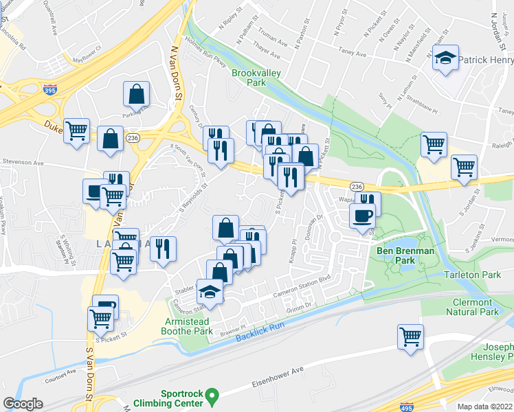 map of restaurants, bars, coffee shops, grocery stores, and more near 5250 Valley Forge Drive in Alexandria