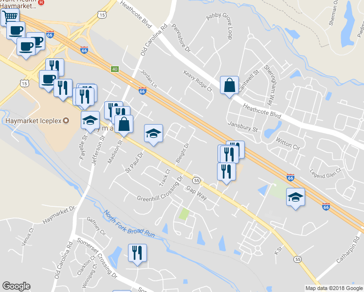 map of restaurants, bars, coffee shops, grocery stores, and more near 14705 Dogwood Park Lane in Haymarket