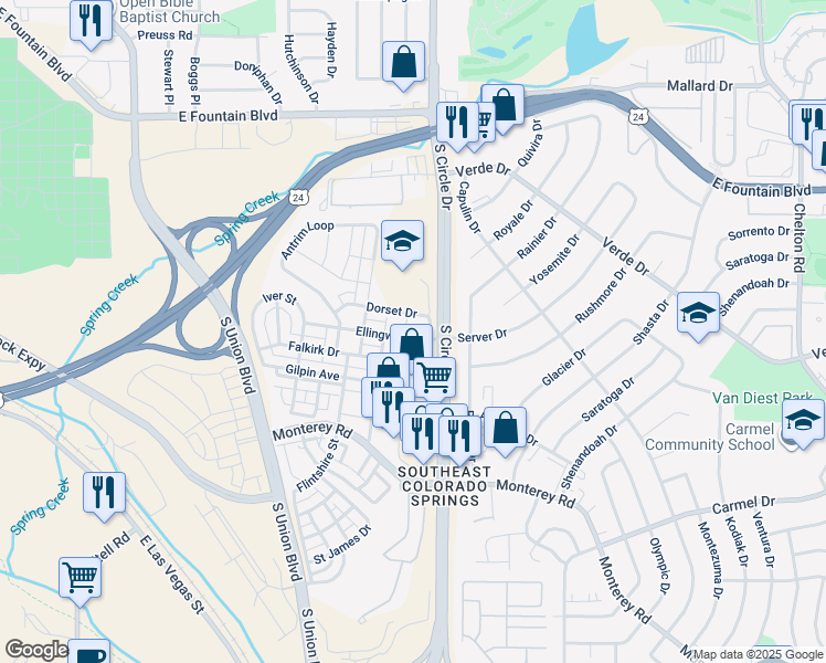 map of restaurants, bars, coffee shops, grocery stores, and more near 2563 Dorset Drive in Colorado Springs