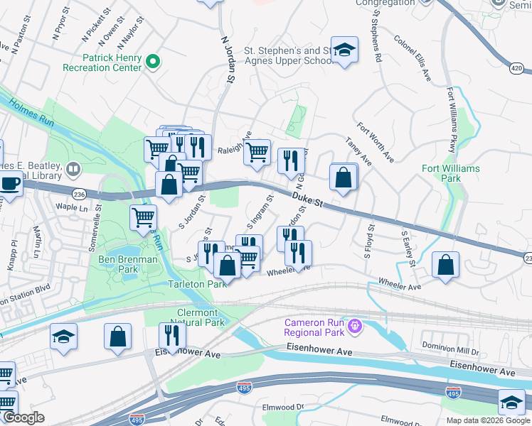map of restaurants, bars, coffee shops, grocery stores, and more near 22 South Ingram Street in Alexandria