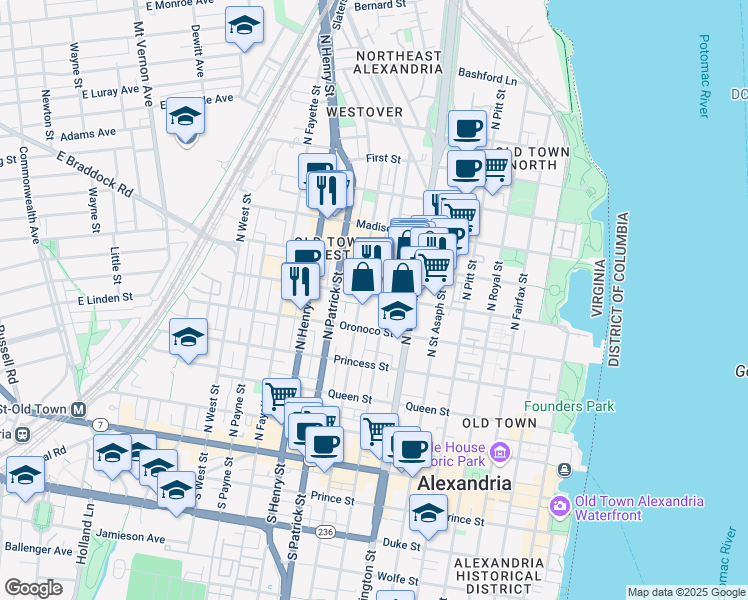 map of restaurants, bars, coffee shops, grocery stores, and more near 804 Pendleton Street in Alexandria