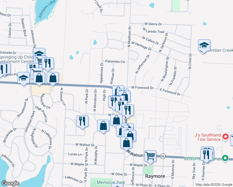 map of restaurants, bars, coffee shops, grocery stores, and more near 405 West Foxwood Drive in Raymore
