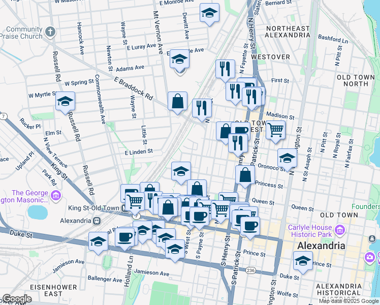 map of restaurants, bars, coffee shops, grocery stores, and more near 1503 Oronoco Street in Alexandria