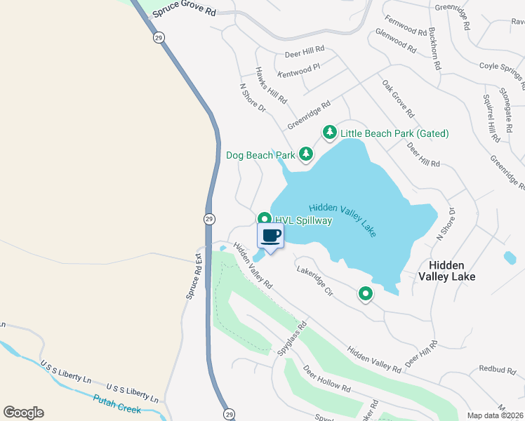 map of restaurants, bars, coffee shops, grocery stores, and more near 17200 Knollview Drive in Hidden Valley Lake