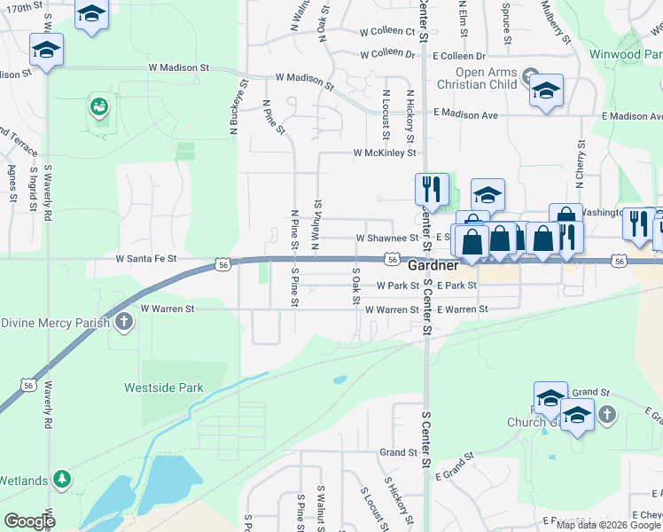 map of restaurants, bars, coffee shops, grocery stores, and more near 223 West Main Street in Gardner