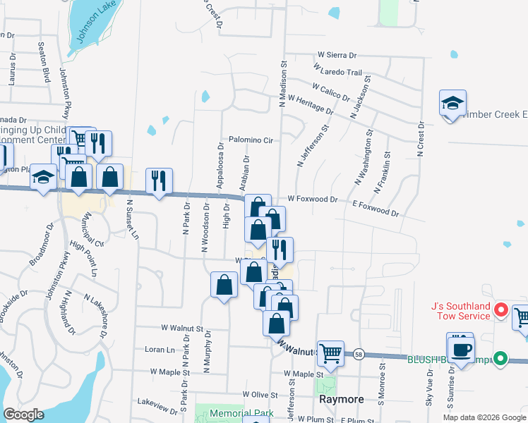 map of restaurants, bars, coffee shops, grocery stores, and more near 405 West Foxwood Drive in Raymore