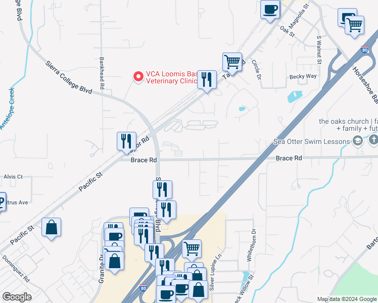 map of restaurants, bars, coffee shops, grocery stores, and more near 5397 Brace Road in Loomis