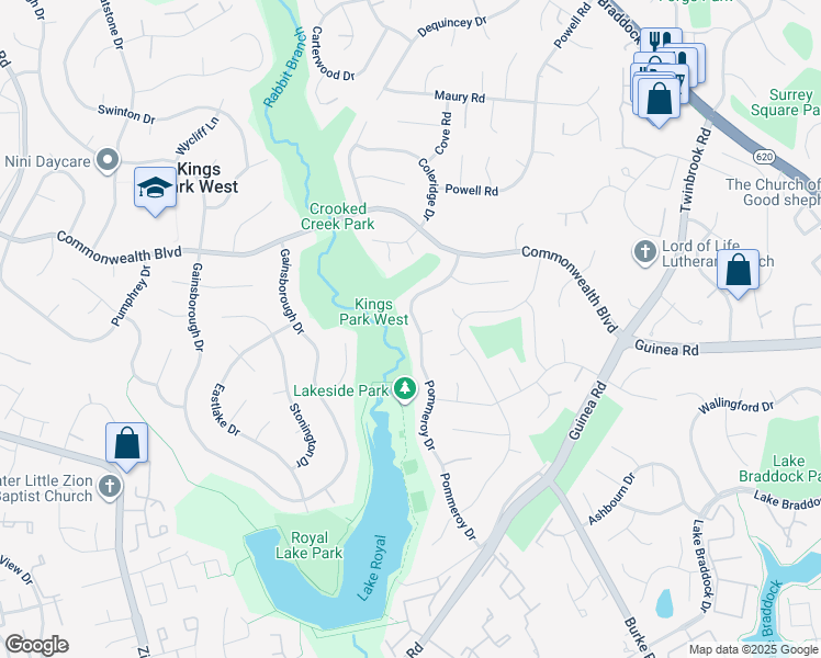 map of restaurants, bars, coffee shops, grocery stores, and more near 5124 Pommeroy Drive in Fairfax