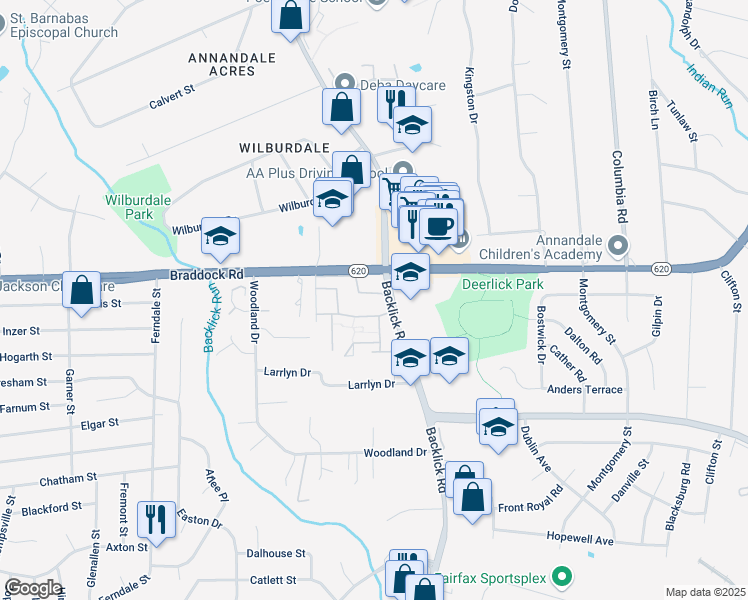 map of restaurants, bars, coffee shops, grocery stores, and more near 7009 Braddock Mews Place in Springfield