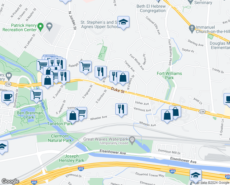 map of restaurants, bars, coffee shops, grocery stores, and more near 4116 Duke Street in Alexandria