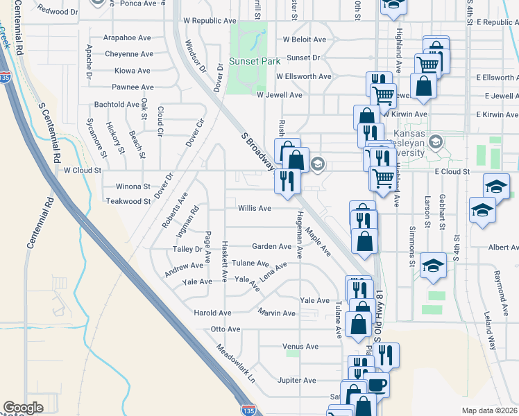map of restaurants, bars, coffee shops, grocery stores, and more near 720 Willis Avenue in Salina