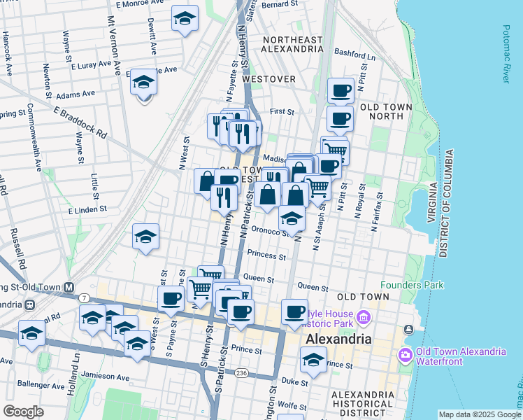 map of restaurants, bars, coffee shops, grocery stores, and more near 902 Pendleton Street in Alexandria