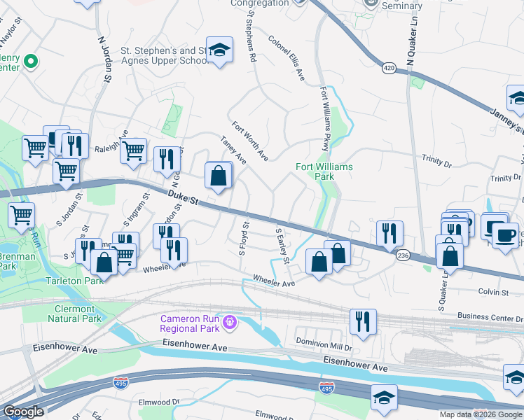 map of restaurants, bars, coffee shops, grocery stores, and more near 13 North Floyd Street in Alexandria