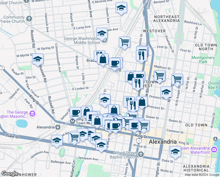 map of restaurants, bars, coffee shops, grocery stores, and more near 1503 Oronoco Street in Alexandria