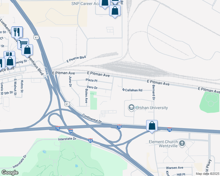 map of restaurants, bars, coffee shops, grocery stores, and more near 1453 Vero Drive in Wentzville