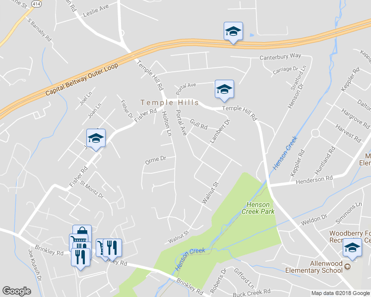 map of restaurants, bars, coffee shops, grocery stores, and more near 3723 Portal Avenue in Temple Hills