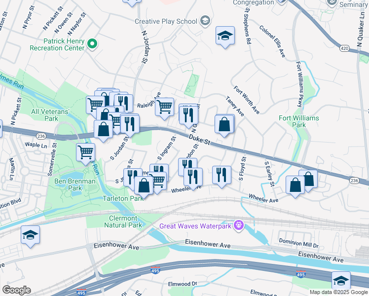 map of restaurants, bars, coffee shops, grocery stores, and more near 4325 Utica Avenue in Alexandria