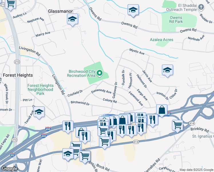 map of restaurants, bars, coffee shops, grocery stores, and more near 1407 Fenwood Avenue in Oxon Hill-Glassmanor
