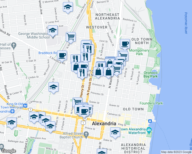 map of restaurants, bars, coffee shops, grocery stores, and more near 902 Pendleton Street in Alexandria