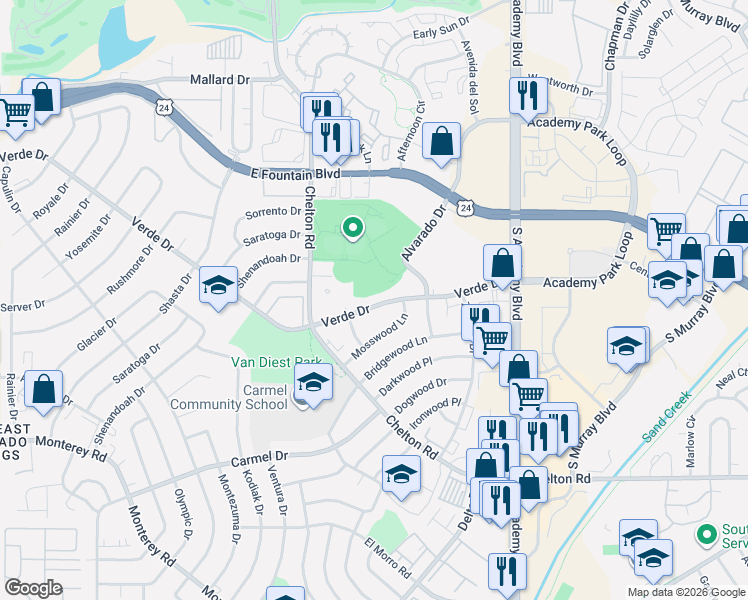 map of restaurants, bars, coffee shops, grocery stores, and more near 3518 Verde Drive in Colorado Springs