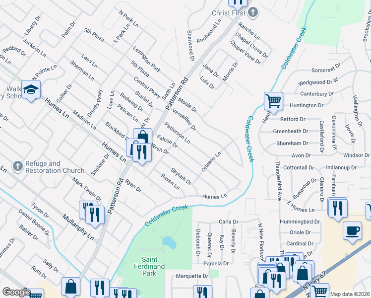 map of restaurants, bars, coffee shops, grocery stores, and more near 485 Falcon Drive in Florissant