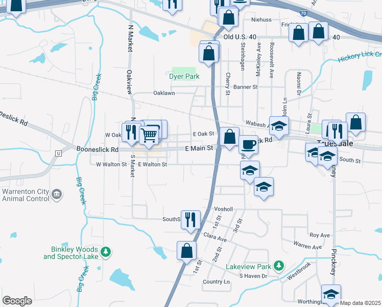 map of restaurants, bars, coffee shops, grocery stores, and more near 404 East Main Street in Warrenton