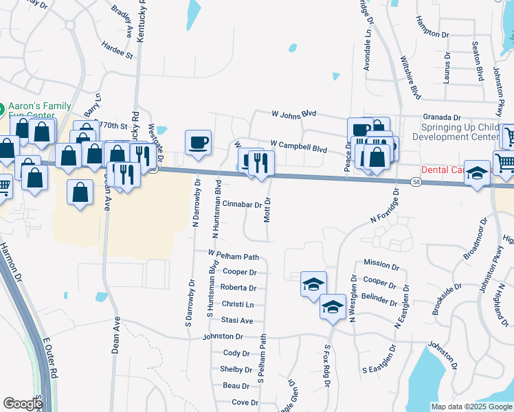 map of restaurants, bars, coffee shops, grocery stores, and more near 1649 Cinnabar Drive in Raymore