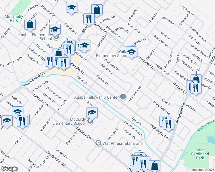 map of restaurants, bars, coffee shops, grocery stores, and more near 1280 Flicker Drive in Florissant