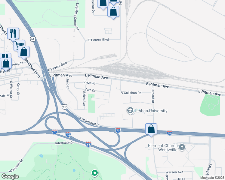 map of restaurants, bars, coffee shops, grocery stores, and more near 14 Foster Ln in Wentzville