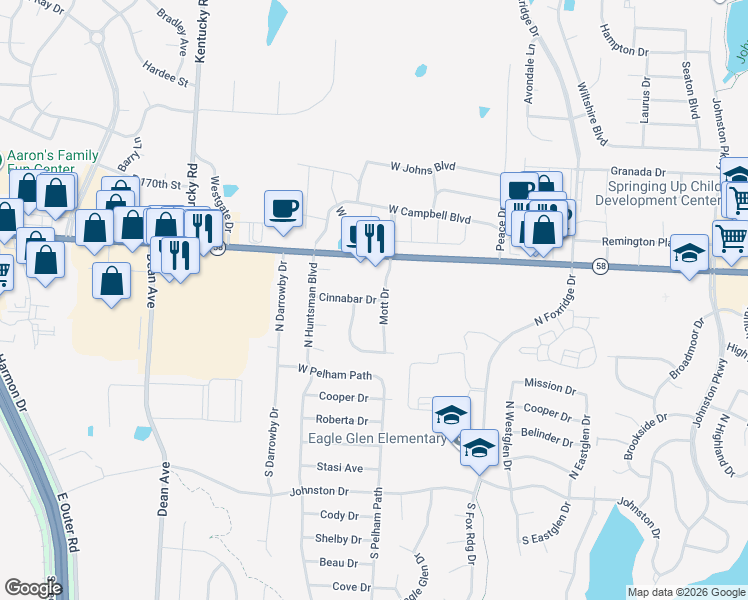 map of restaurants, bars, coffee shops, grocery stores, and more near 1625 Cinnabar Drive in Raymore