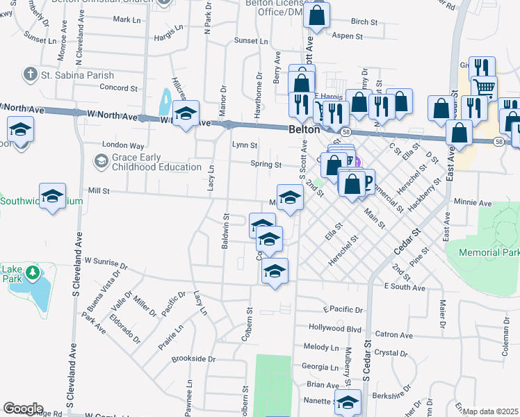 map of restaurants, bars, coffee shops, grocery stores, and more near 302 Colbern Street in Belton