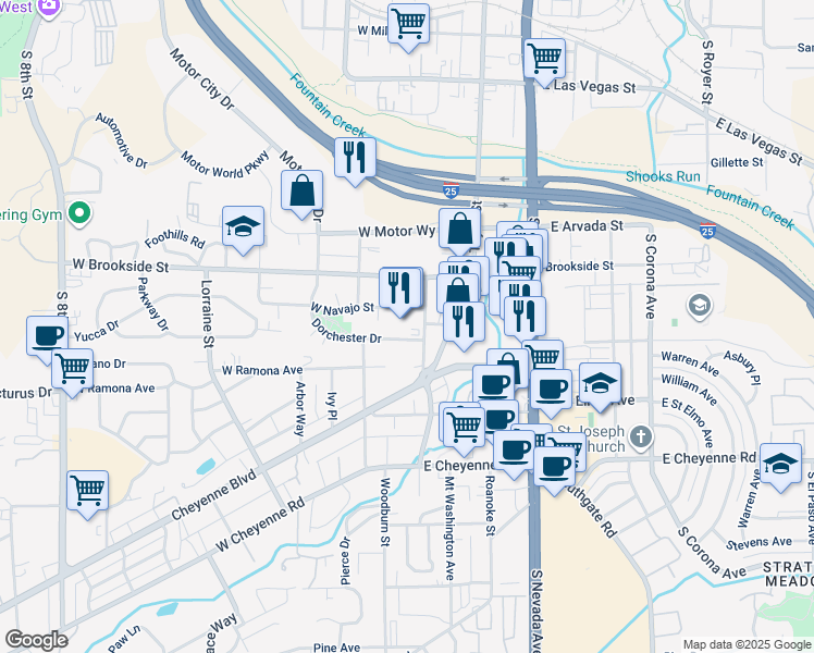 map of restaurants, bars, coffee shops, grocery stores, and more near 1604 South Cascade Avenue in Colorado Springs