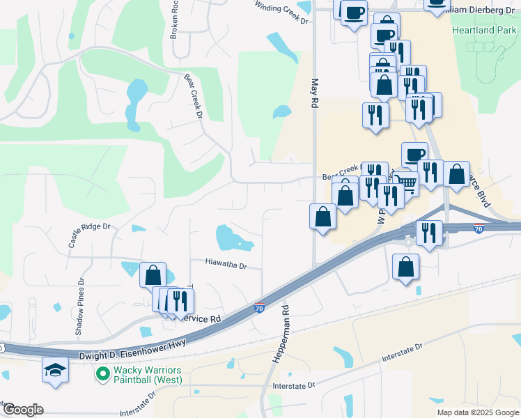 map of restaurants, bars, coffee shops, grocery stores, and more near 137 Choctaw Drive in Wentzville