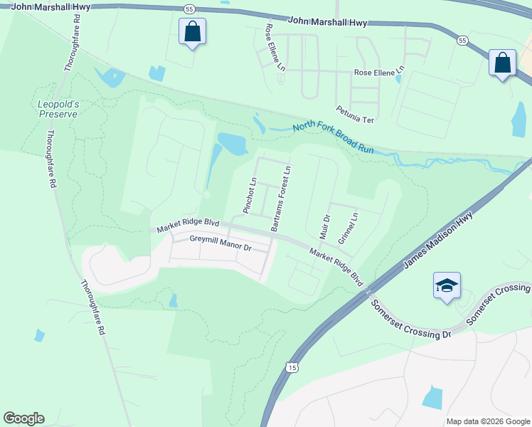 map of restaurants, bars, coffee shops, grocery stores, and more near 6849 William White Way in Haymarket