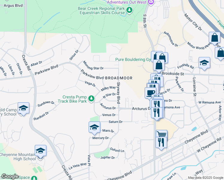 map of restaurants, bars, coffee shops, grocery stores, and more near 1005 Milky Way in Colorado Springs