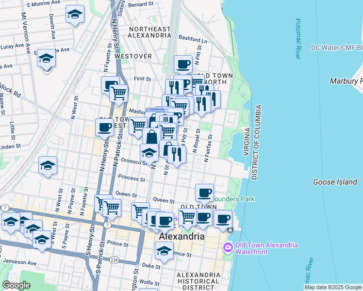 map of restaurants, bars, coffee shops, grocery stores, and more near 616 North Pitt Street in Alexandria